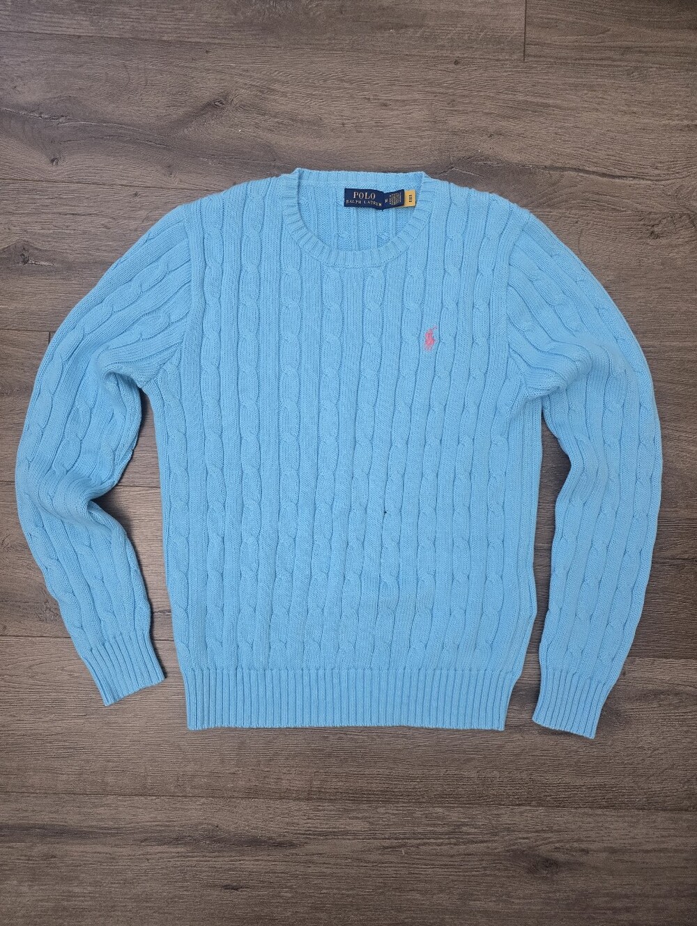 Polo Ralph Lauren cable-knit crewneck sweater Blue Pink Preppy Quiet Luxury - Picture 2 of 10